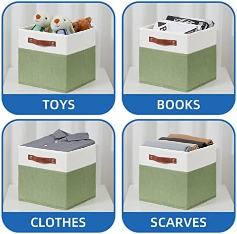 Temary Fabric Storage Bin 11x11 Cube Storage Bins for Home, 4 Pack Fabric Organizer Bins Cube Organizer Bins with Leather Handles Decorative Storage Bins for Shelf (White&Green) - Image 4