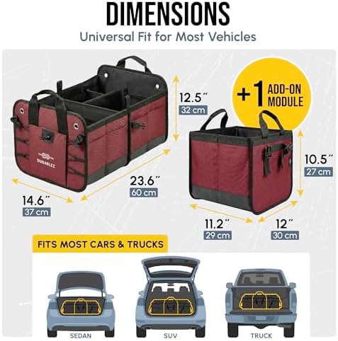 Large Car Trunk Organizer - Trunk Storage - Modular Detachable Configurable Collapsible - for SUV Minivan Truck Sedan Van - 3 Compartment XL, Cherry - Image 2