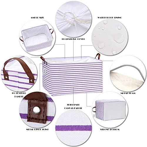 Hinwo 2-Pack Extra Large Canvas Fabric Storage Baskets with Handles, 70L Oversized Storage Bins, Collapsible Storage Box, Clothes, Toys, Blankets Organizers, 22 x 15 x 13 inches, (Purple Stripe) - Image 4