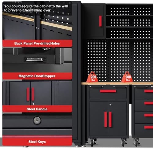 24Pcs Garage Cabinet Storage System, Heavy Duty Workshop Set, Red - Image 3