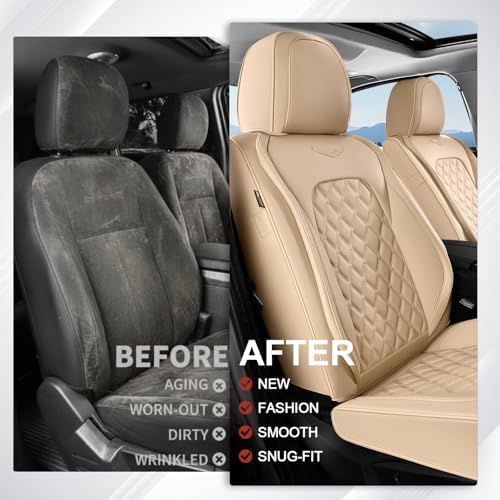 Coverado Front Car Seat Covers, Faux Leather Oil-Resistant Non-Slip Cushions, Universal Fit for Sedans, Pickups, SUVs, Waterproof Seat Covers, Car Seat Protectors – Beige - Image 6