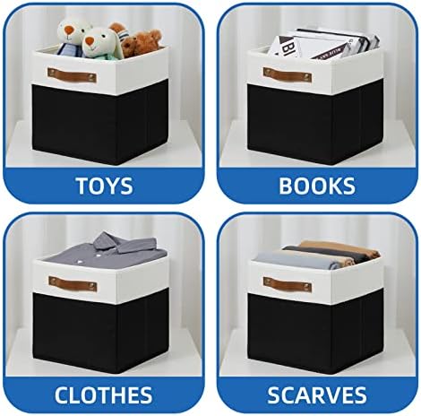Temary 11 inch Cube Storage Bin 4 Pack Fabric Storage Cubes for Home, Fabric Storage Bin Storage Cube Bins with Leather Handles(White&Black) - Image 4