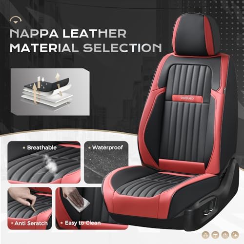 Coverado Car Seat Covers Full Set, Seat Covers for Cars, Car Seat Cover, Car Seat Protector, Leather Car Seat Cushion, Waterproof Car Seat Covers Front Seats and Back Fit for Most Cars(Red&Black) - Image 2