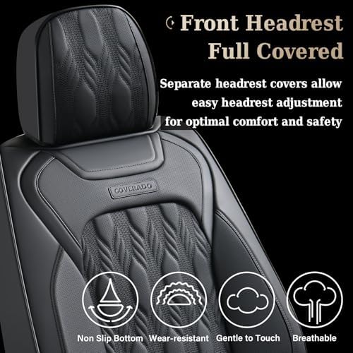 Coverado Car Seat Cover, Black Seat Cover for Cars, Luxury Leather Seat Covers Full Set with Embossed Pattern, Waterproof Car Seat Protector Car Seat Cushions Universal Fit Most Vehicle - Image 6