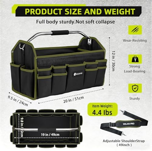 20in Foldable Open Top Tool Bags For Men Heavy Duty, Tool Carrier hard With Handle, Wide Mouth Electrician Tool Tote, Many Pockets Can Hold Many Tool, Green - Image 3