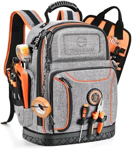 Tool Backpack Bag, Durable Electrician Backpack Tool Bag for HVAC with Waterproof Molded Base, Construction Work Heavy Duty Tools Organizer Bags with Combination Lock Large-Gray by Unknown