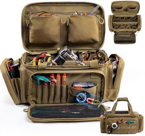 Heavy Duty Tool Bag Organizer with Strong Magnets & Detachable Pouches, Tactical Tool Tote for Men, Multiple Pockets, Anti-Friction Bottom Utility Tool's Bag for Electrician,Mechanic by FRECOLSH