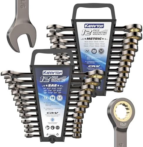 24-Piece Ratcheting Wrench Set (Metric & SAE),72 Teeth Ratchet Combination Wrenches Set with Organizer Racks,Cr-V Steel,8-19mm & 1/4-7/8",Black Nickel Handle with Golden Ratchet by KARRYTON
