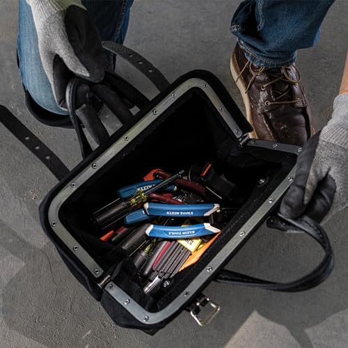 Klein Tools 510212BLK Heavy Duty Black Canvas Tool Bag, Tool Tote, Multi-Purpose Bag with Wide Hinged Opening and Leather Handles, 12-Inch - Image 5