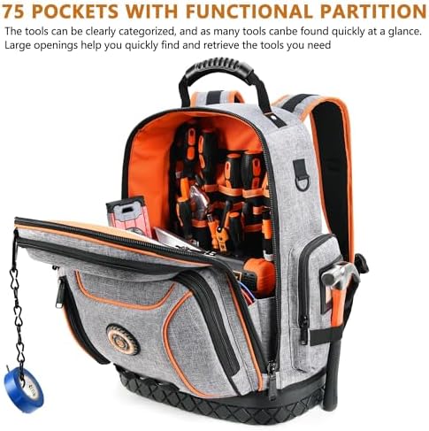 Tool Backpack Bag, Durable Electrician Backpack Tool Bag for HVAC with Waterproof Molded Base, Construction Work Heavy Duty Tools Organizer Bags with Combination Lock Large-Gray - Image 4