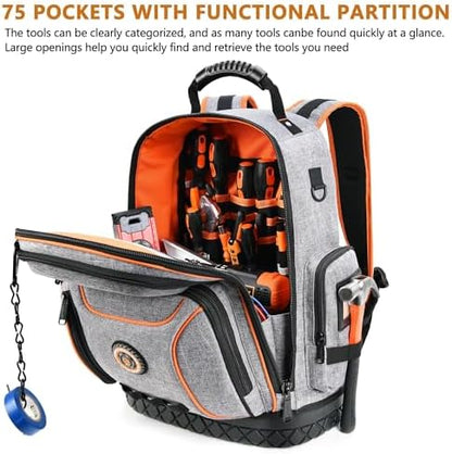 Tool Backpack Bag, Durable Electrician Backpack Tool Bag for HVAC with Waterproof Molded Base, Construction Work Heavy Duty Tools Organizer Bags with Combination Lock Large-Gray - Image 4