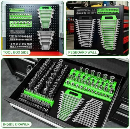 8 Piece Magnetic Socket Organizer Set, 1/4", 3/8", 1/2" Drive Metric and SAE Socket Holder Trays, Socket Organizer for Tool Box Drawer, Garage, Workbench and Mechanic Cart, Black and Green - Image 7