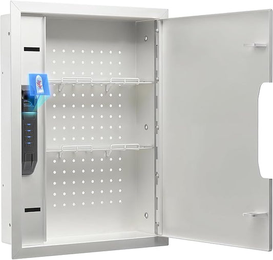 Quick Access Wall Safe with Finger Vein Recognition Lock White Wall Safes Box with Pegboard, Removable Shelves & Heavy Duty Dual-Latch, Wall Gun Safe for Valuables, Cash, Clips