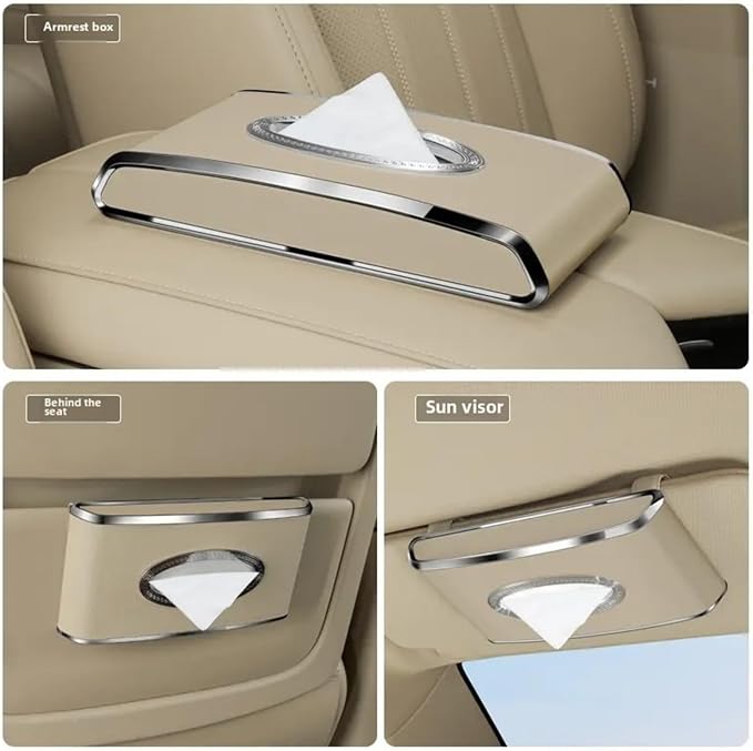 Leather Car Tissue Box for Car Interior, Multi-Function Tissue Holder with Visor Clip, Armrest & Back Seat Napkin Organizer, Vehicle Tissue Dispenser Accessories (Brown Flat)