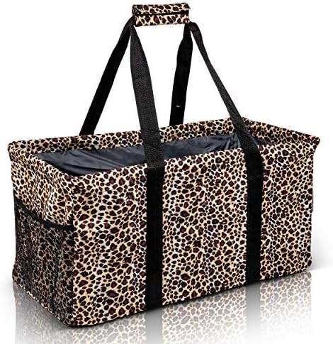Extra Large Utility Tote Bag - Oversized Collapsible Reusable Wire Frame Rectangular Canvas Basket With Two Exterior Pockets For Beach, Pool, Laundry, Car Trunk, Storage - Leopard by Lucazzi