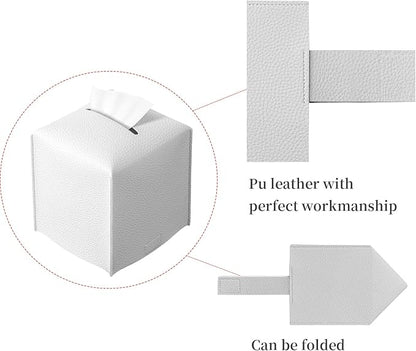 REGELETO 2 Pack Off-White Tissue Box Cover, Pu Leather Square Tissue Box Holder with Bottom Belt Modern Stylish Tissue Box Organizer for Home, Car, Hotel, Office 5"X5"X5" (Off-White-2Pack)