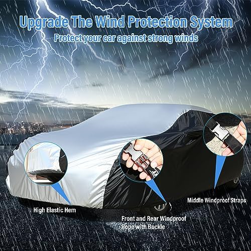 Car Cover Waterproof All Weather, Coverado Outdoor Full Car Covers with Invisible Zipper Mirror Pocket, Rain Sun UV Wind Protection Car Covers for Automobiles Universal Fit for Camaro,etc (183"-193") - Image 4