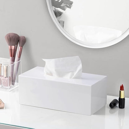 HBlife Acrylic Tissue Box Cover & Holder with Magnetic Bottom, Multi-Functional Dryer Sheet & Mask Organizer for Bathroom, Car, Office - White Rectangle, 9.84 x 5.02 x 3.54 Inches