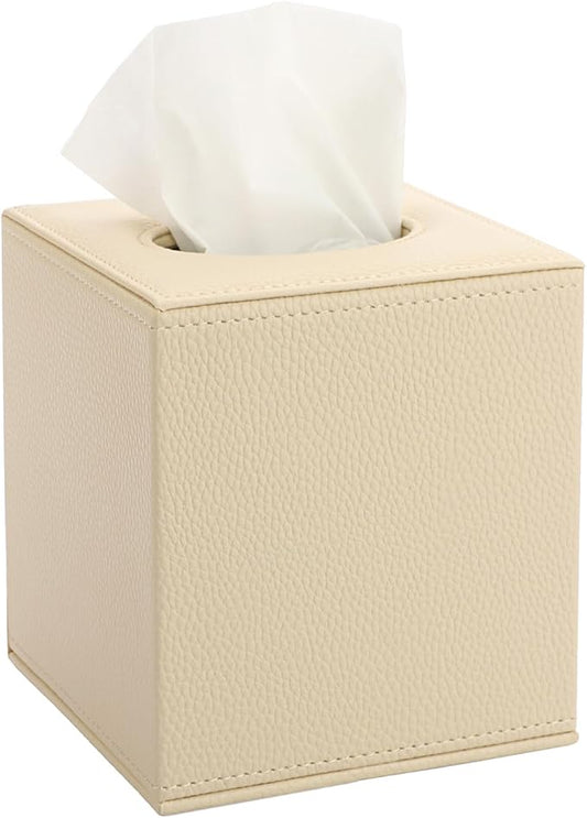 Sumnacon Tissue Box Cover Square Tissue Box Stylish PU Tissue Box Holder with Magnetic Bottom, Cube Leather Tissue Cover for Living Room Bathroom Table Desk Home Office Car, Beige