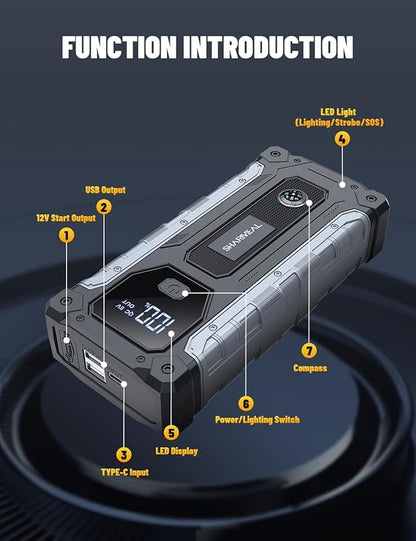 Sharmeal Car Battery Jump Starter 6000A, Jump Starter Battery Pack for All Gas and 10.0L Diesel, 12V Portable Jump Box with LED Light
