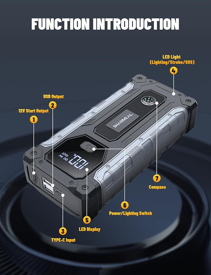 Sharmeal Car Battery Jump Starter 6000A, Jump Starter Battery Pack for All Gas and 10.0L Diesel, 12V Portable Jump Box with LED Light