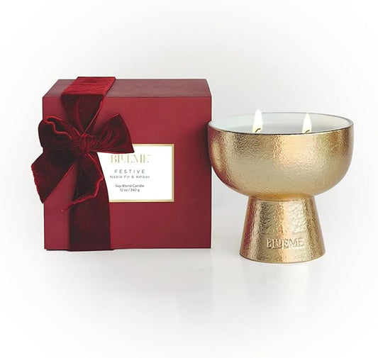 2025 Gold Holiday Candle | Festive - Noble Fir & Amber (Medium), Refillable Wellness, Essential Oil, Sustainable, Hand Finished and Poured, Premium, Luxury Ceramic, Natural Cotton Wick, Soy-Wax Blend