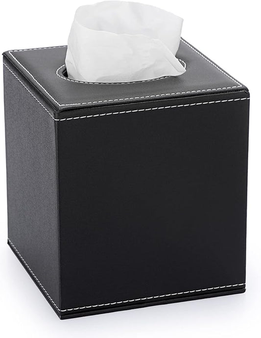 Sumnacon Square Leather Tissue Box Cover - Stylish Cube Tissue Box Holder with Magnetic Bottom, Decorative PU Tissue Box for Vanity Dresser Night Stand Table Countertop Home Office Car, Black