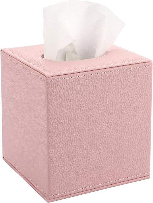 Sumnacon Tissue Box Cover Square Tissue Box Stylish PU Tissue Box Holder with Magnetic Bottom, Cube Leather Tissue Cover for Living Room Bathroom Table Desk Home Office Car, Pink