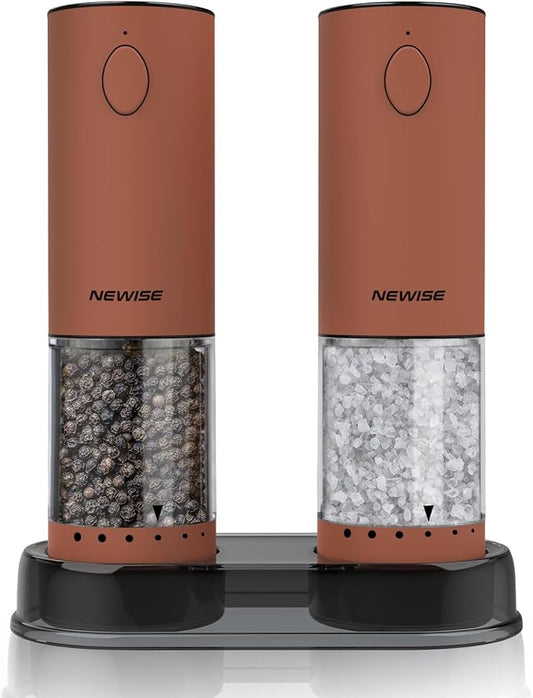 Electric Salt and Pepper Grinder Set Rechargeable with LED Lights, Automatic Pepper & Salt Mill, Adjustable Coarseness, Large Capacity, Brown