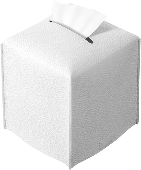 REGELETO Square Tissue Box Cover, Pu Leather Tissue Box Holder with Bottom Belt Modern Stylish Tissue Box Organizer for Bathroom, Bedroom, Hotel, Office Desk 5"X5"X5"-Off White