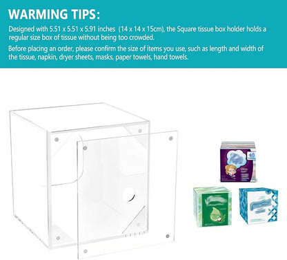HBlife Acrylic Tissue Box Holder & Cover with Magnetic Bottom, Multi-Use Dryer Sheet & Mask Case Organizer for Bathroom, Car, Office, Table - Clear Square, 5.51 x 5.51 x 5.91 Inches