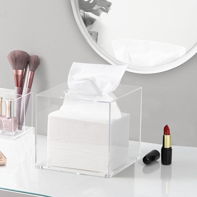 HBlife Acrylic Tissue Box Holder & Cover with Magnetic Bottom, Multi-Use Dryer Sheet & Mask Case Organizer for Bathroom, Car, Office, Table - Clear Square, 5.51 x 5.51 x 5.91 Inches