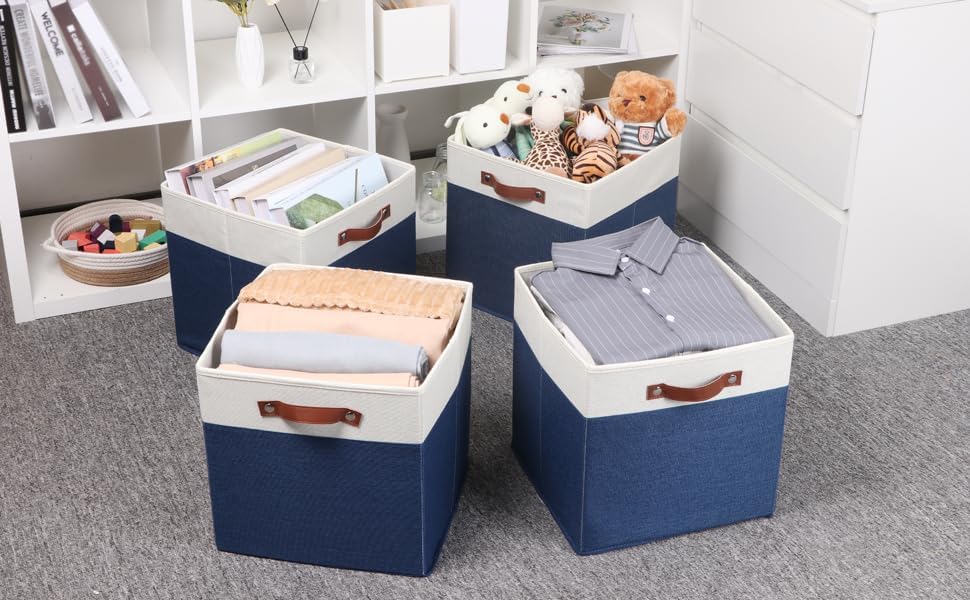Temary Fabric Storage Bins for Cube Organizer 4 Pack Cube Storage Bins 13 Storage Cubes for Shelves Storage Baskets for Organizing Books, Clothes, Towels (White & Blue, 13x13x13 Inch) - Image 6