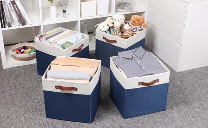Temary Fabric Storage Bins for Cube Organizer 4 Pack Cube Storage Bins 13 Storage Cubes for Shelves Storage Baskets for Organizing Books, Clothes, Towels (White & Blue, 13x13x13 Inch) - Image 6