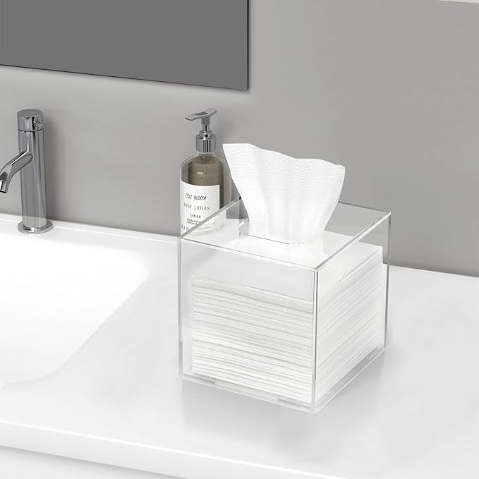 HBlife Acrylic Tissue Box Holder & Cover with Magnetic Bottom, Multi-Use Dryer Sheet & Mask Case Organizer for Bathroom, Car, Office, Table - Clear Square, 5.51 x 5.51 x 5.91 Inches