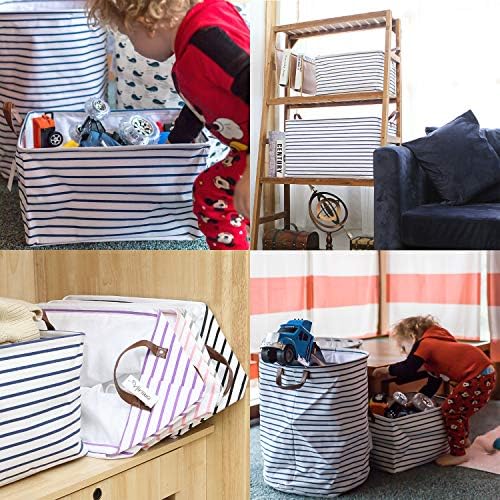 Hinwo 4-Pack Large Canvas Fabric Storage Baskets with Handles, 31L Rectangle Storage Bins, Collapsible Storage Box, Clothes, Toys, Blankets Organizers, 16.5 x 11.8 x 9.8 inches, (Navy Blue Stripe) - Image 3