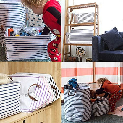 Hinwo 4-Pack Large Canvas Fabric Storage Baskets with Handles, 31L Rectangle Storage Bins, Collapsible Storage Box, Clothes, Toys, Blankets Organizers, 16.5 x 11.8 x 9.8 inches, (Navy Blue Stripe) - Image 3