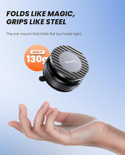 Suction Phone Mount for Car Dashboard/Windshield - 360°Adjustable Magnetic Phone Holder for Car, Foldable Car Phone Holder for iPhone 17/16/15/14/13/12 Series (Carbon Fiber & Aluminum Alloy)