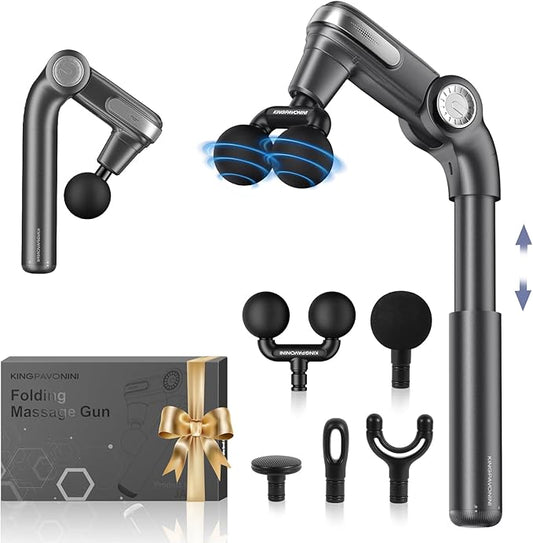 KingPavonini Foldable Massage Gun with Dual-Ball Head, Adjustable Head & Extendable Handle, Handheld Back Massage Gun Deep Tissue for Pain Relief, Portable Percussion Massager Gun, Gift for Men Women