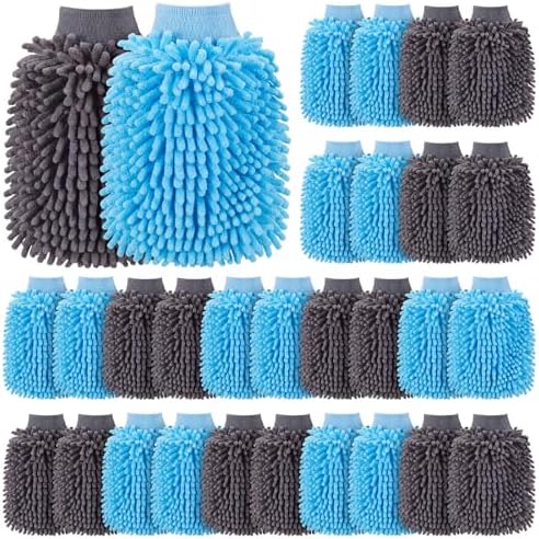 Patelai 30 Pcs Car Wash Mitts Bulk Microfiber Scratch Free Detailing Chenille Car Washing Gloves Hand Double Sided Absorbent Cars Sponge for Washing Cleaning Trucks Boats, 9.45 x 5.9 Inch(Grey,Blue) by Patelai