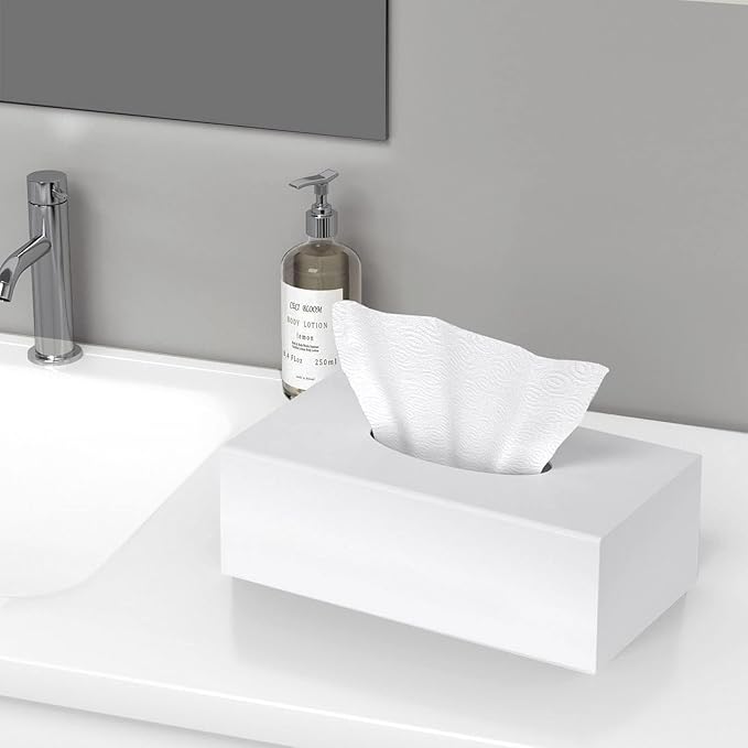 HBlife Acrylic Tissue Box Cover & Holder with Magnetic Bottom, Multi-Functional Dryer Sheet & Mask Organizer for Bathroom, Car, Office - White Rectangle, 9.84 x 5.02 x 3.54 Inches