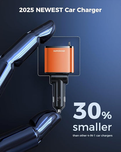 [2024 Upgraded] 4 in 1 Retractable Car Charger, SUPERONE Smaller Fast Car Phone Charger 69W with Cord, USB C and iPhone Car Charger Adapter, Compatible iPhone 17/17 Pro Max/16/15/14/13/12/11, Sumsung