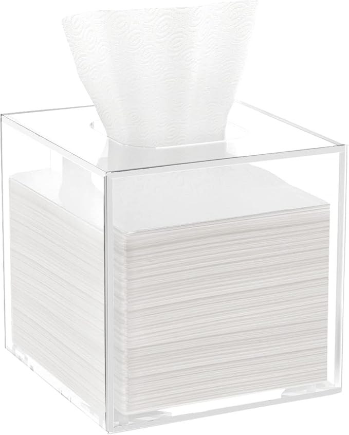 HBlife Acrylic Tissue Box Holder & Cover with Magnetic Bottom, Multi-Use Dryer Sheet & Mask Case Organizer for Bathroom, Car, Office, Table - Clear Square, 5.51 x 5.51 x 5.91 Inches
