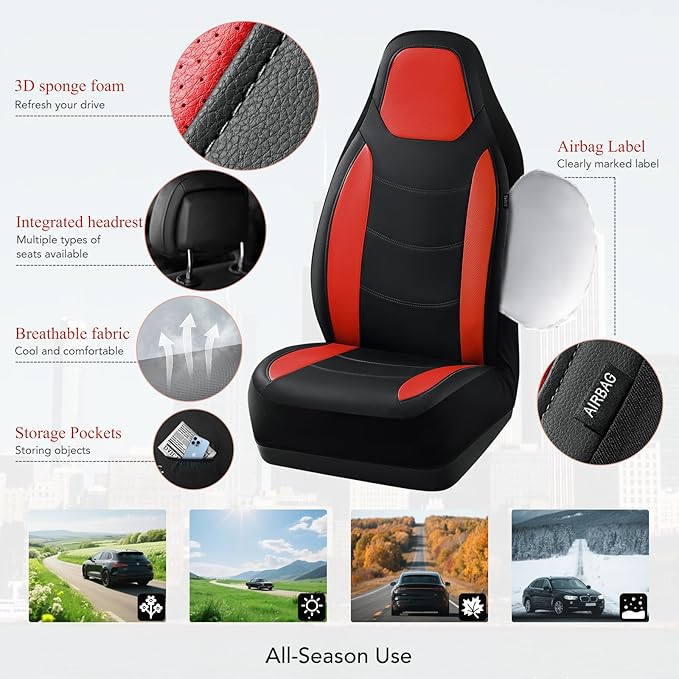 Road Comforts Car Seat Cover, Leather Seat Covers, Automotive High Back Front Car Seat Covers, Airbag Compatible, Universal Fit for Most Cars (Red)