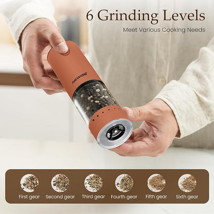 Electric Salt and Pepper Grinder Set Rechargeable with LED Lights, Automatic Pepper & Salt Mill, Adjustable Coarseness, Large Capacity, Brown