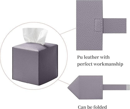REGELETO Square Tissue Box Cover, Pu Leather Tissue Box Holder with Bottom Belt Modern Stylish Tissue Box Organizer for Bathroom, Bedroom, Hotel, Office Desk 5"X5"X5"