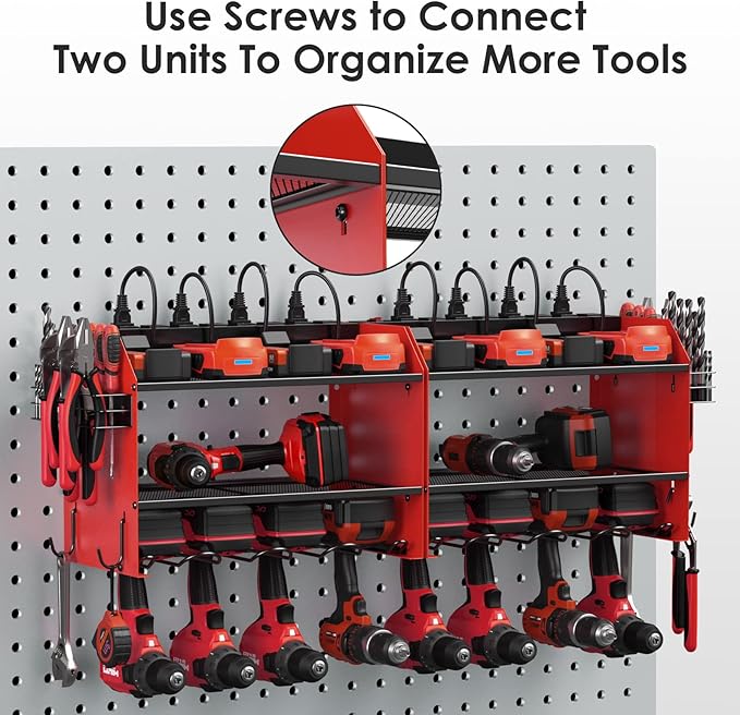 CCCEI Modular Power Tool Organizer Wall Mount with Charging Station. Garage Drill Storage Shelf with Hooks, Heavy Duty Rack, Tool Battery Holder Built in 8 Outlet. Gift for Men. Red, 2 Pack.