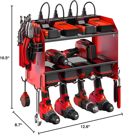 CCCEI Modular Power Tool Organizer Wall Mount with Charging Station. Garage Drill Storage Shelf with Hooks, Heavy Duty Rack, Tool Battery Holder Built in 8 Outlet. Gift for Men. Red, 2 Pack.