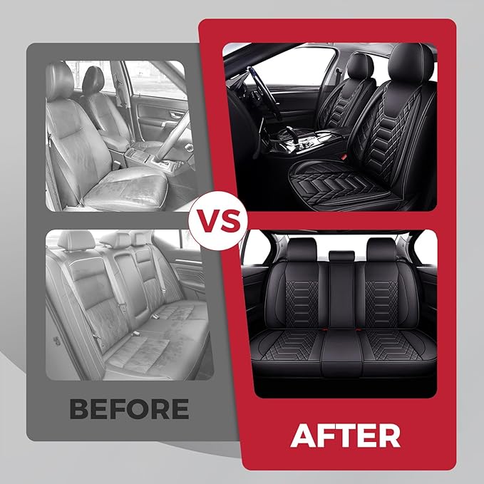 FREESOO Car Seat Covers Leather, Seat Cover Full Set Waterproof Automotive Cushion Protector Accessories Airbag Compatible Universal Fit for 5 Seats Vehicle (Black 8)