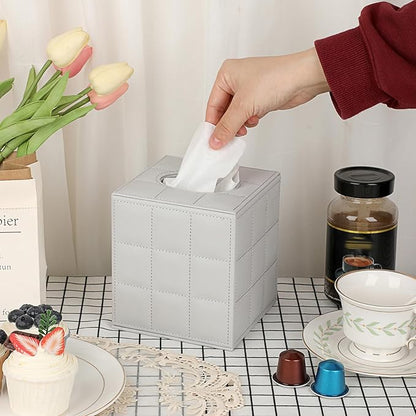 Sumnacon Tissue Box Cover Square Tissue Box Stylish PU Tissue Box Holder with Magnetic Bottom, Cube Leather Tissue Cover for Living Room Bathroom Table Desk Home Office Car, Light Grey